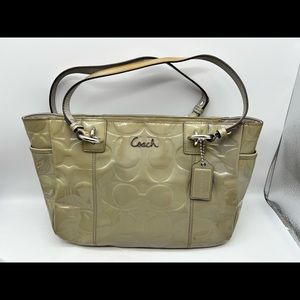 Coach F17728 Gray Olive Green Embossed Patent Leather Tote Shoulder Handbag